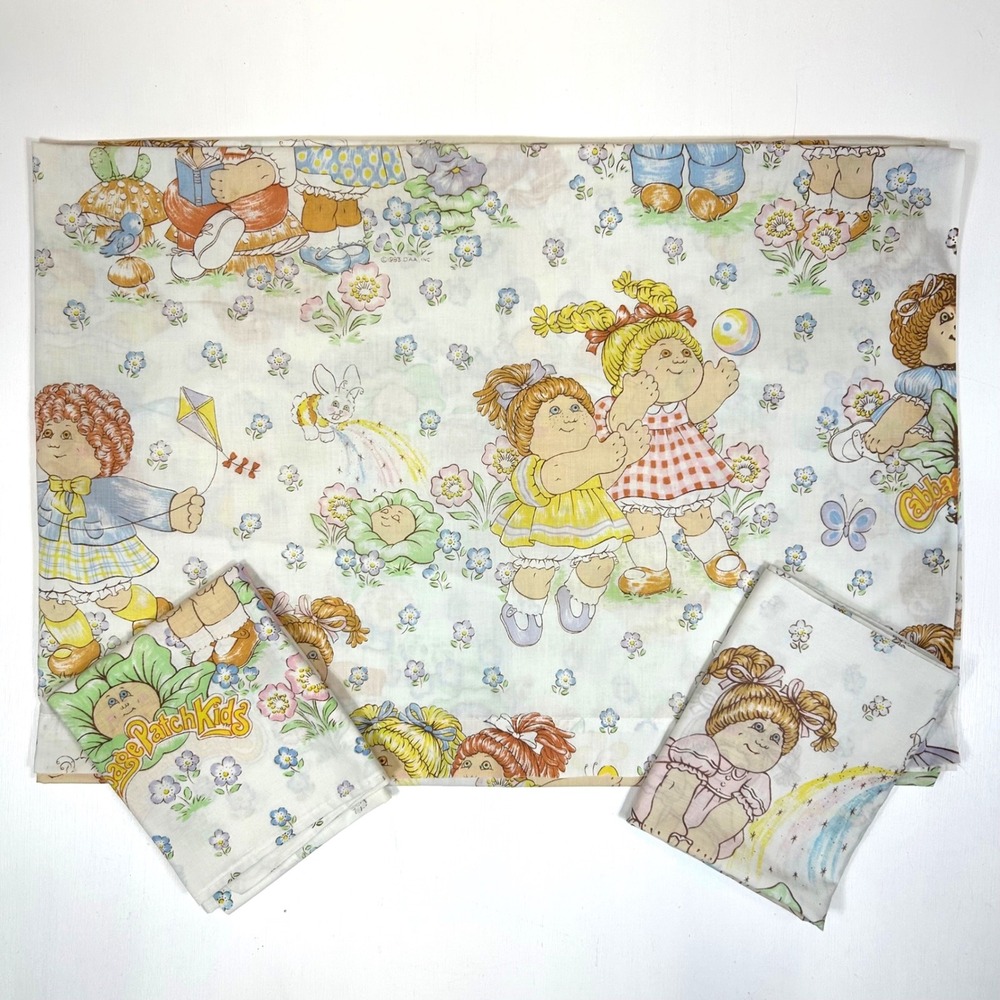 Vintage 1983 Cabbage Patch Kids Twin Sheet 2 Pillowcases Pequot Floral Garden